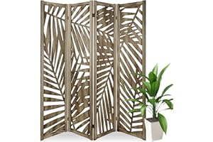 ECOMEX Carved Room Dividers,4 Panel Palm Leaf Cutout Design Room Divider Screen, Freestanding Partition Room Dividers,Retro Leaf Pattern, Brown