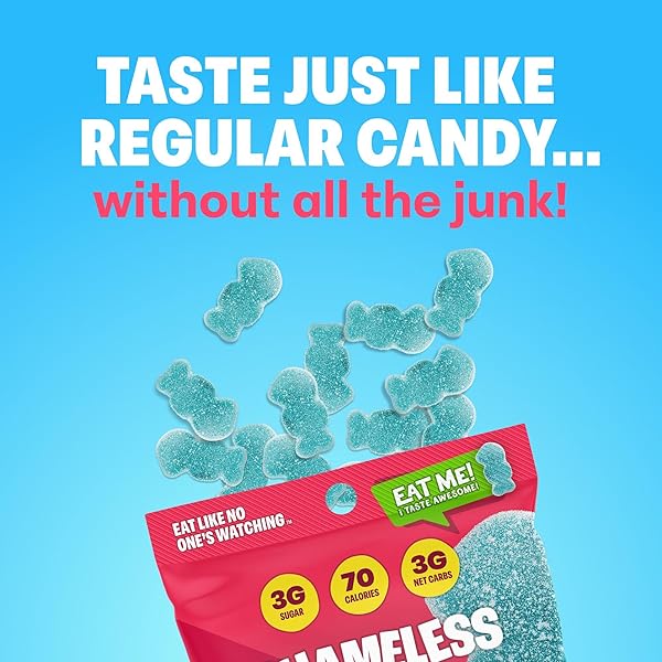 SHAMELESS SNACKS – HEALTHY LOW CALORIE SNACKS, LOW CARB KETO GUMMIES (GLUTEN FREE CANDY) – 6 PACK SOUR BLUE RASPBERRY