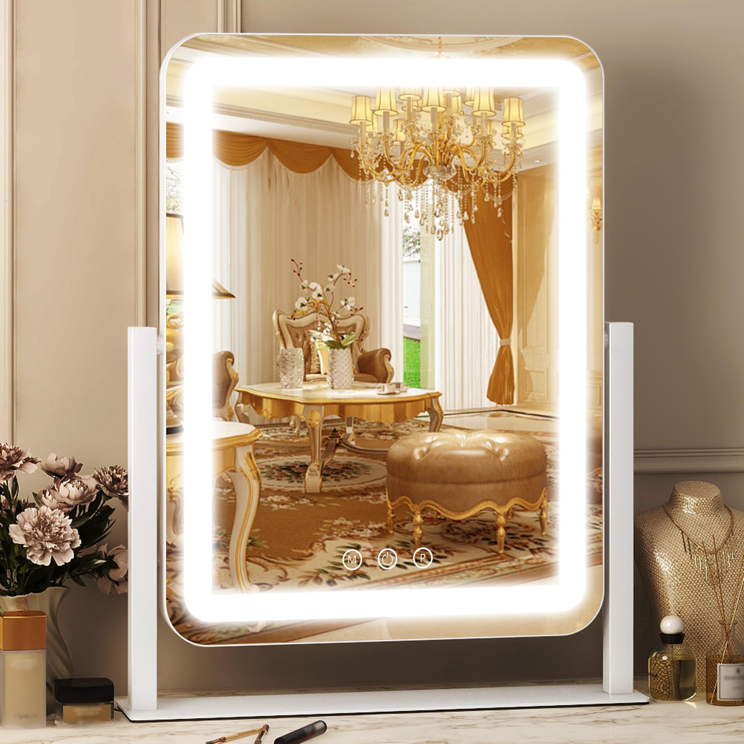 Photo 1 of FENNIO Makeup Mirror with Lights 17"x13" ?Desk Mirror?Vanity Mirror with Lights, Touch Screen with 3-Color Lighting, Dimmable, Vanity Mirror for Vanity Desk Tabletop