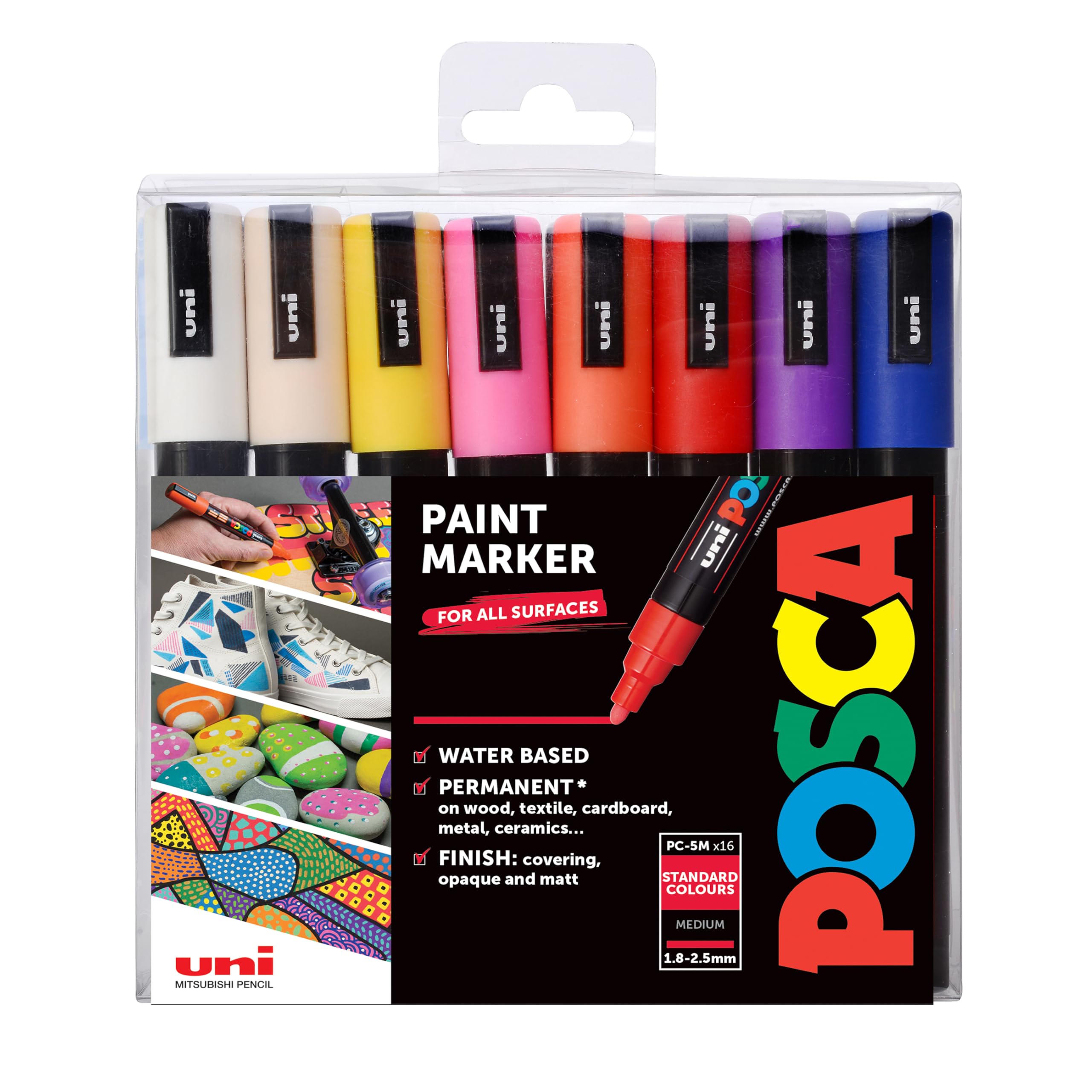 Posca Pens PC-5M Medium Acrylic Coloured Permanent Paint Markers for Adults. Perfect for Colouring, Fabric, Graffiti, Watercolour, Outline Drawing, Window and Glass Art. 16 Pack