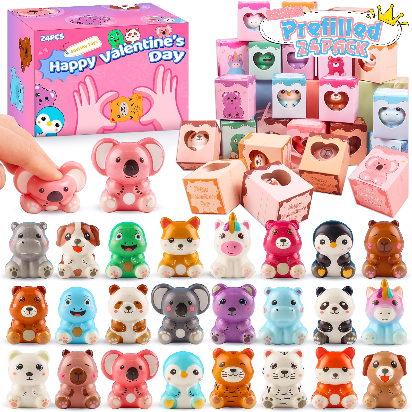 View 1 of **10 PCS**KissFuture Valentines Day Gifts for Kids, 24PCS Prefilled Valentines Box with Animal Squishy Toys, Valentines Day Gifts for kids Classroom, Valentines Exchange Gifts for Girls Boys School