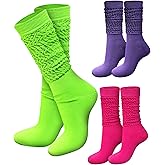 WILLBASIC Neon Slouch Scrunch Socks 3 Pairs 80s Accessories for Women, Neon Women's Leg Warmers Heavy Soft Extra Long Socks