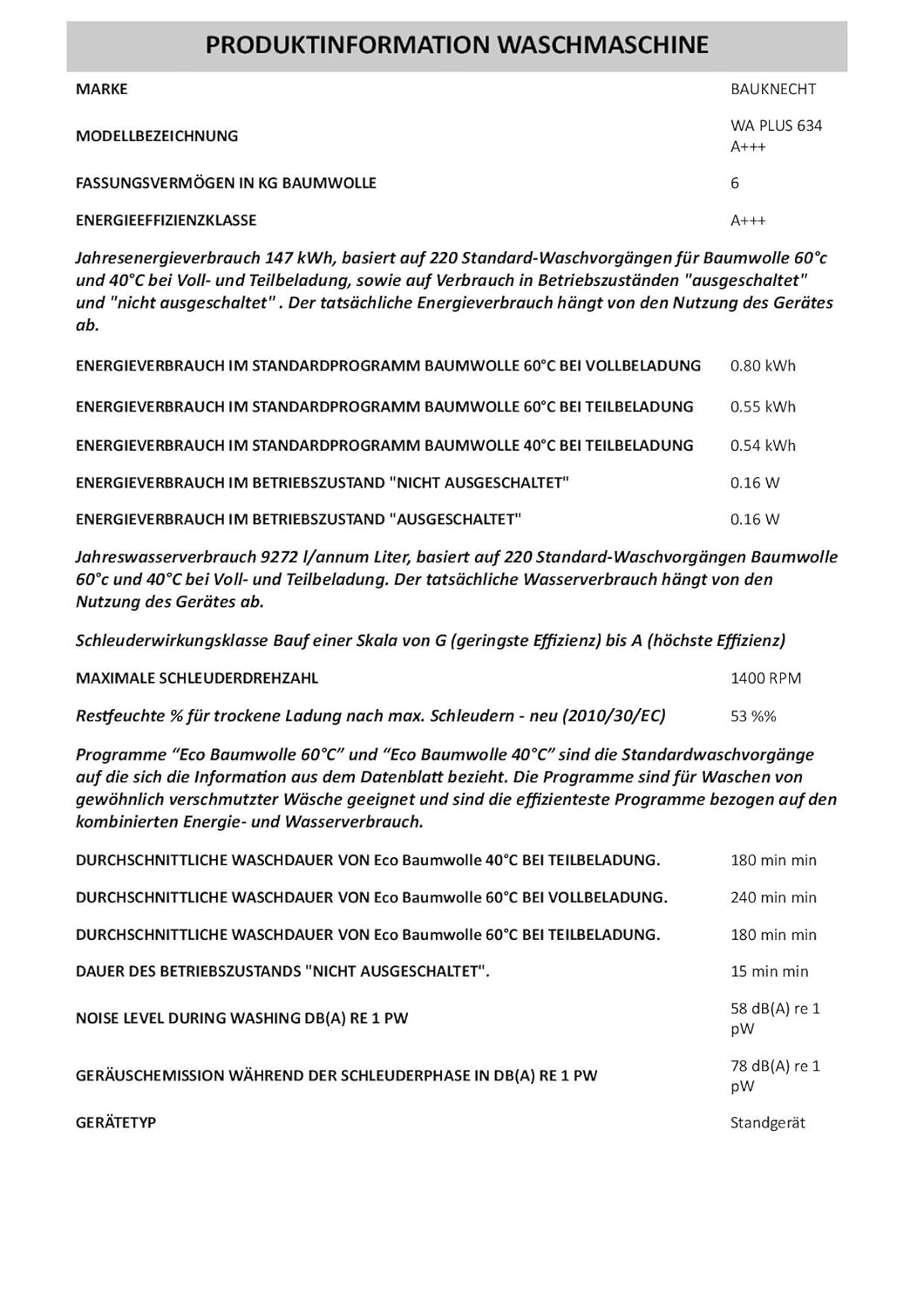 Bauknecht WA PLUS 634 Waschmaschine Frontlader / A+++ / 4 Jahre Herstellergarantie / 1400 UpM