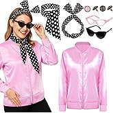 VLUV Pink Halloween Costumes Set, Women's Halloween Retro Satin Jacket Set with Scarf Headbands Glasses Accessories