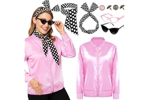 VLUV Pink Halloween Costumes Set, Women's Halloween Retro Satin Jacket Set with Scarf Headbands Glasses Accessories