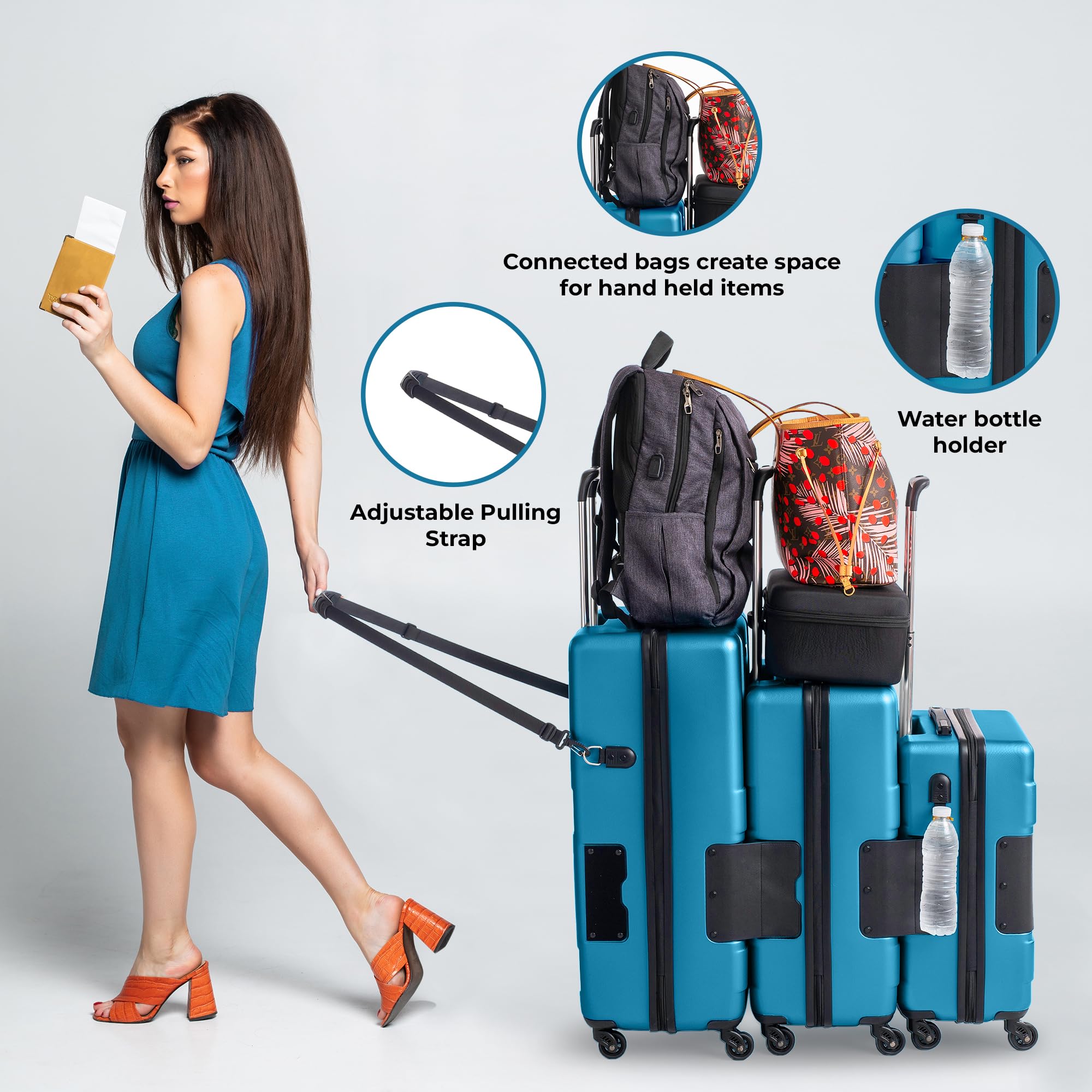 TACH V3.1 Hard Shell 3 Piece Luggage Set - 20, 24 & 28 inch Luggage | Carry On, Medium & Large Checked Suitcases | Patented Built-In Connecting System | Rolling Suitcase Links 9 Bags (Blue)