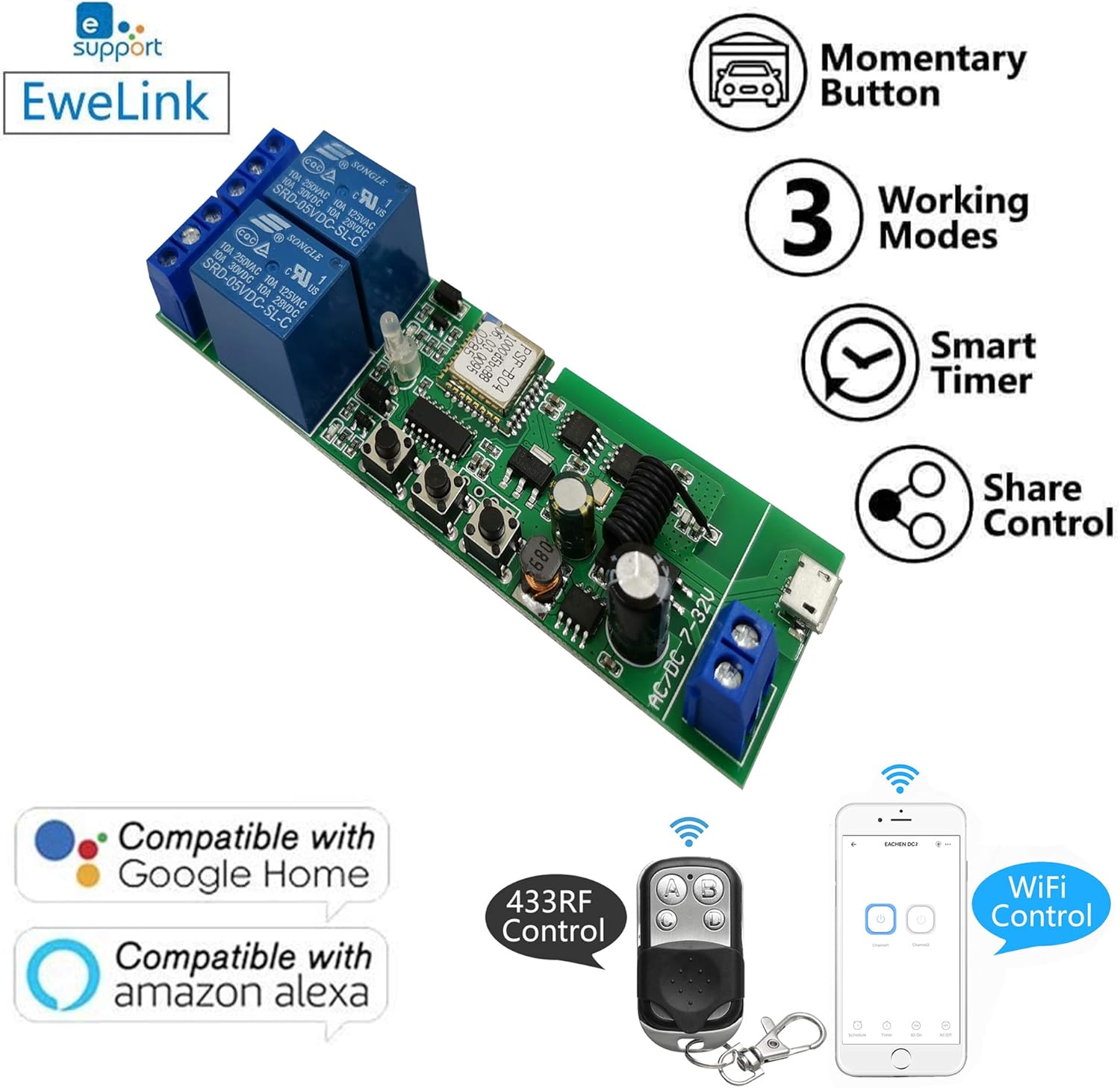 Newgoal 2-Channel Ewelink App Remote Control WiFi 433MHz RF Wireless Switch Relay, self-Locking, Interlock Mode - Image 3