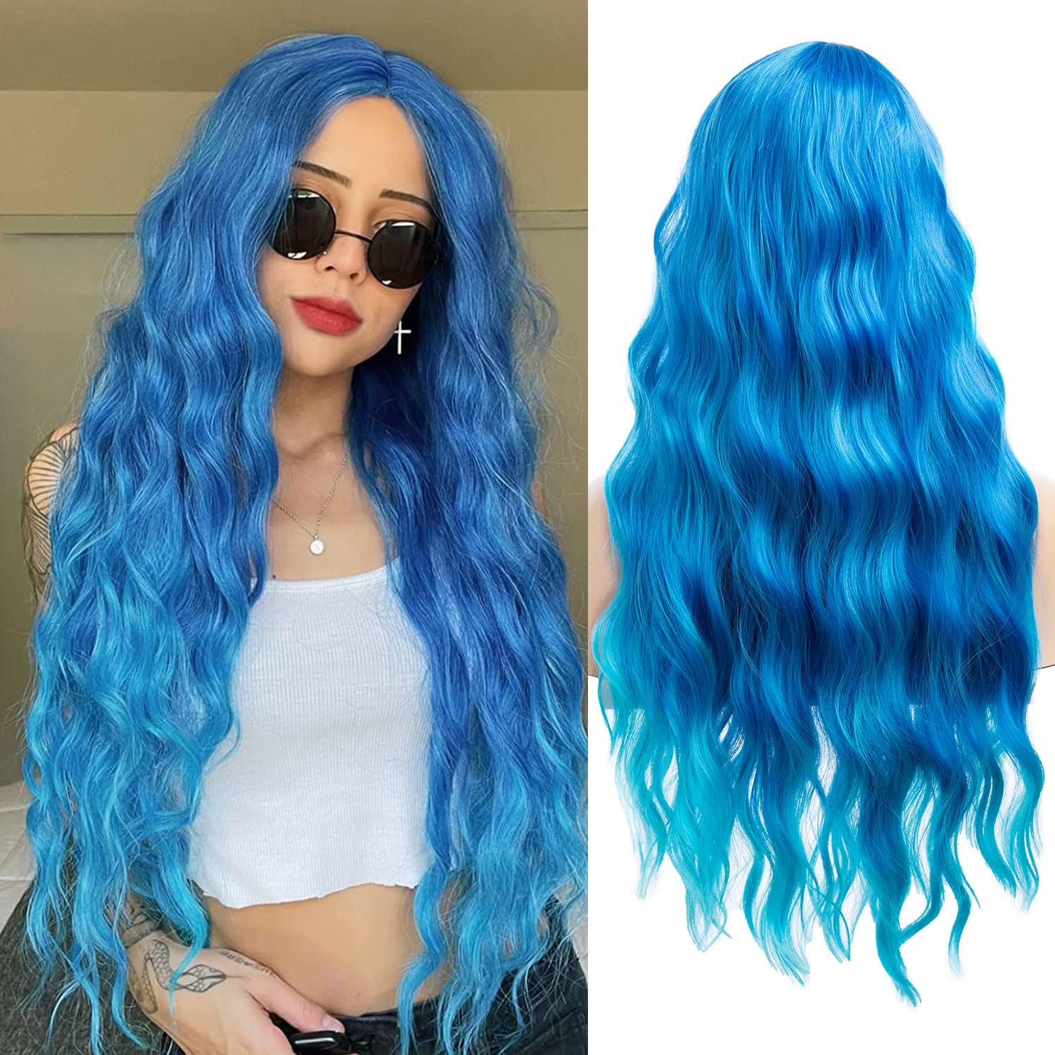 Women's Long Curly Wavy Blue Wigs Cosplay Costume Halloween Wigs Synthetic Middle Parting Replacement Wig with Wig Cap