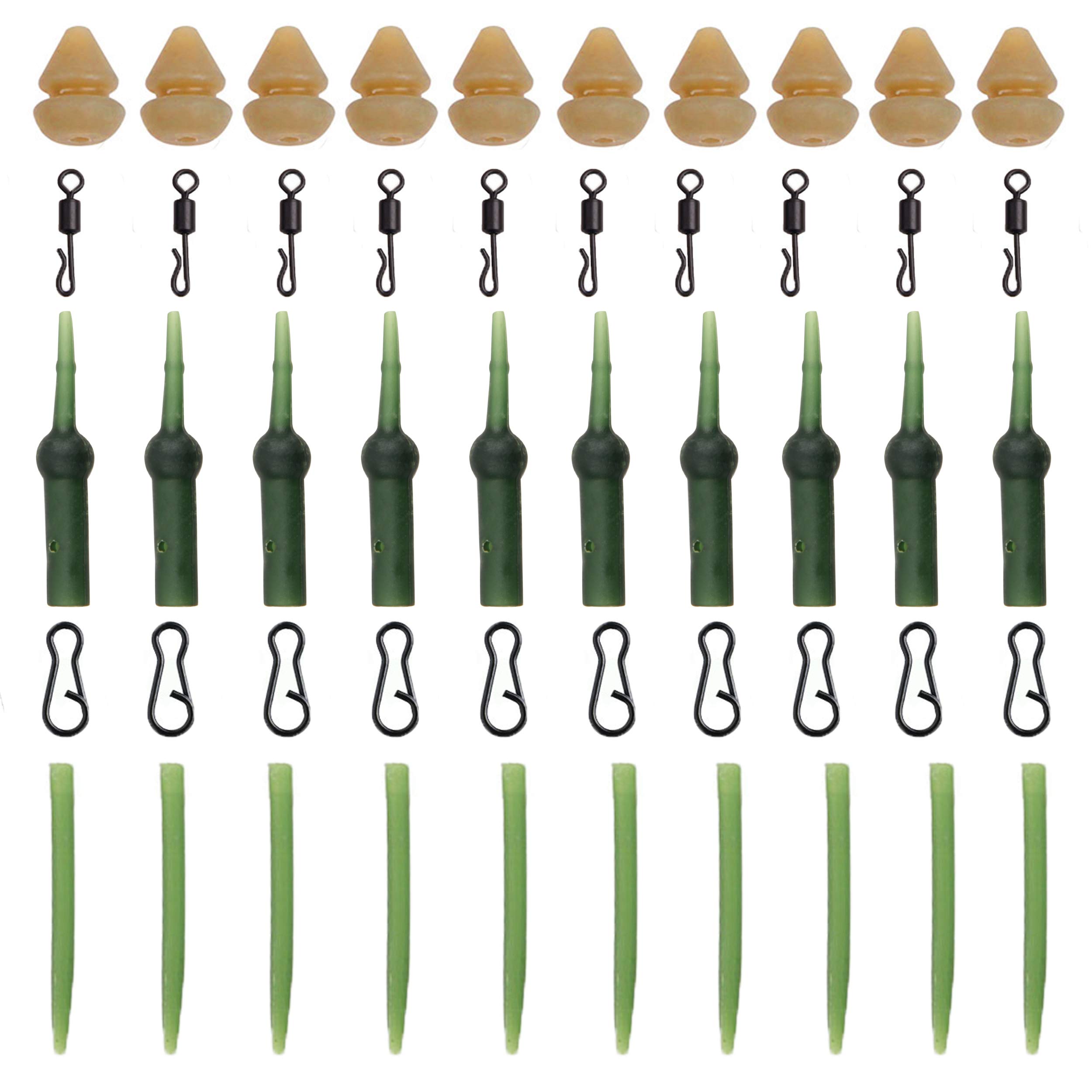 50Pcs/Set Carp Fishing Helicopter Rig Accessories Kit Includes Swivels Clips Chod Rig Buffer Heli Beads Anti Tangle Sleeve Tool Kit for Coarse Carp Fishing