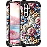 TEECOVER for Samsung Galaxy S25FE Case, Heavy-Duty Shockproof Full Protection Hard Plastic Bumper + Soft Silicone Rubber Protective Case for Galaxy S25FE 6.7-Inch, Pink/Blue Flowers