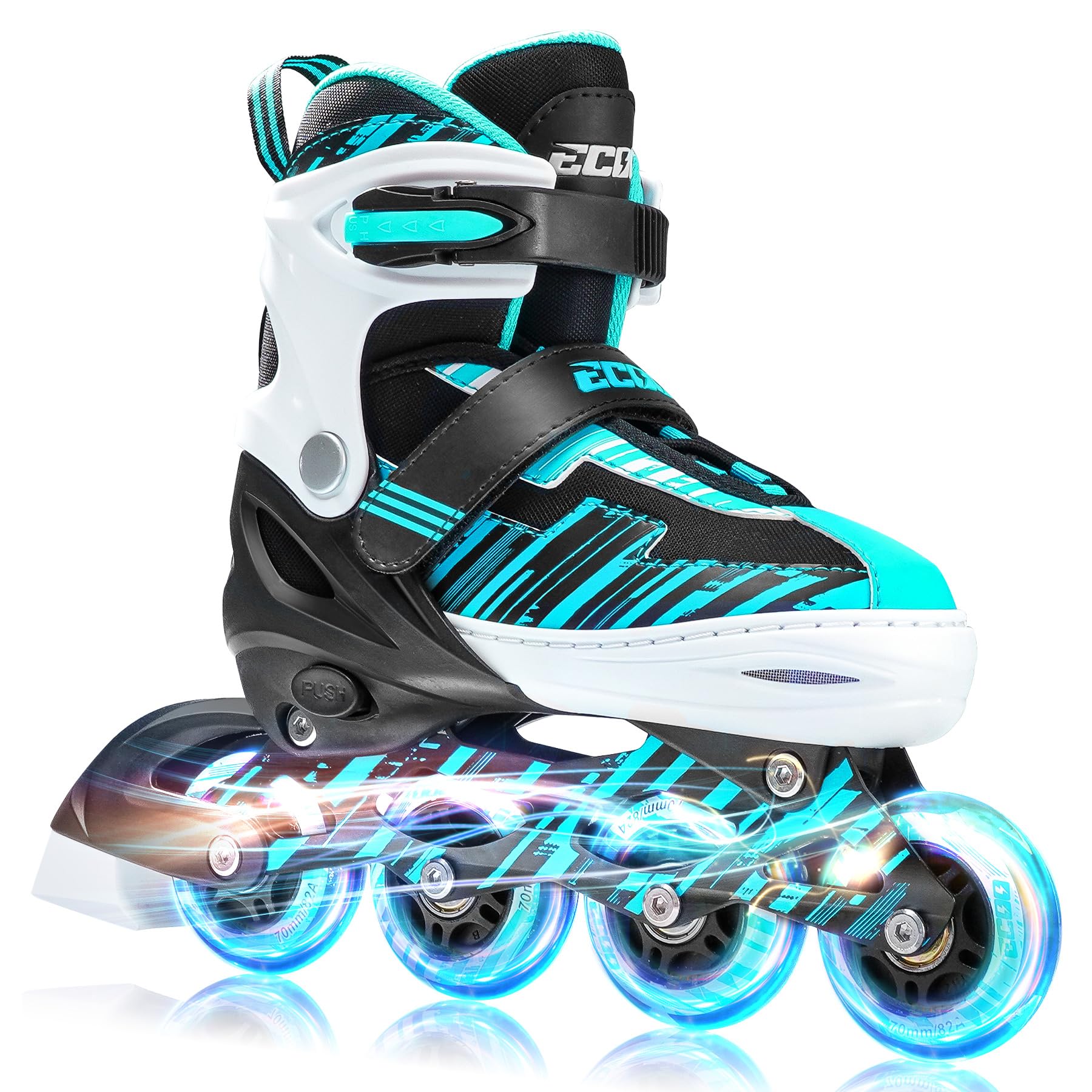 ECOO Adjustable Inline Skates Boys and Girls with Light up Wheels，Roller Skates for Kids Ages 4-12, Teen Skates for Beginner Outdoor and Indoor (Cyan, Large-Youth（3-6 US）) Image