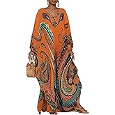 Bsubseach Kaftan Dresses for Women Ethnic Print Plus Size Beach Cover Ups Batwing Sleeve Caftans with Pockets