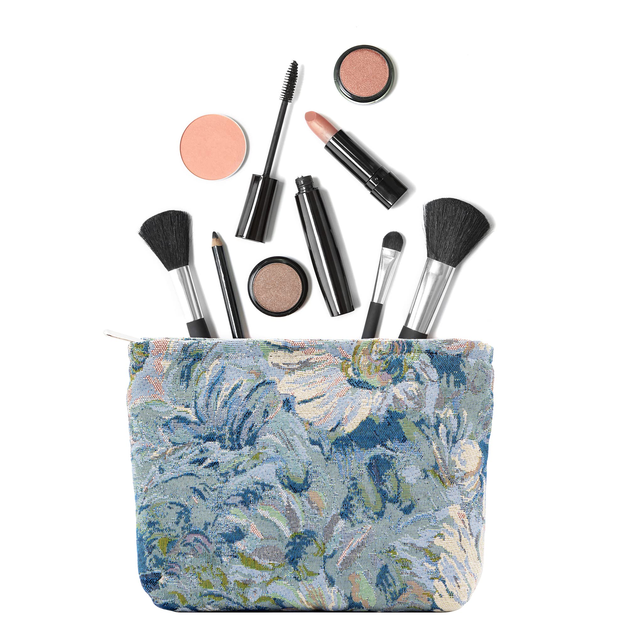 PAZIMIIK Makeup Bags for Purse Zipper Cosmetic Pouch Large Travel Canvas Make Up Organizer Tool Pouch for Women and Girls,Flower Blue