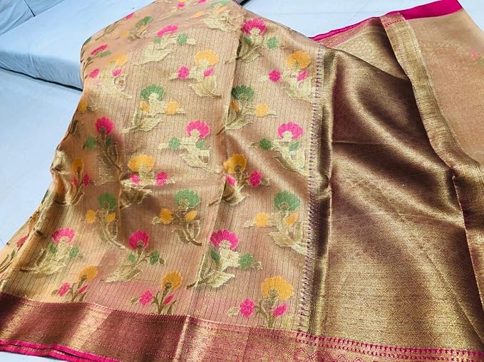 Saree Selection Banarasi Tissue Stripe Golden Saree With Copper Zari and Meenakari Flower Work
