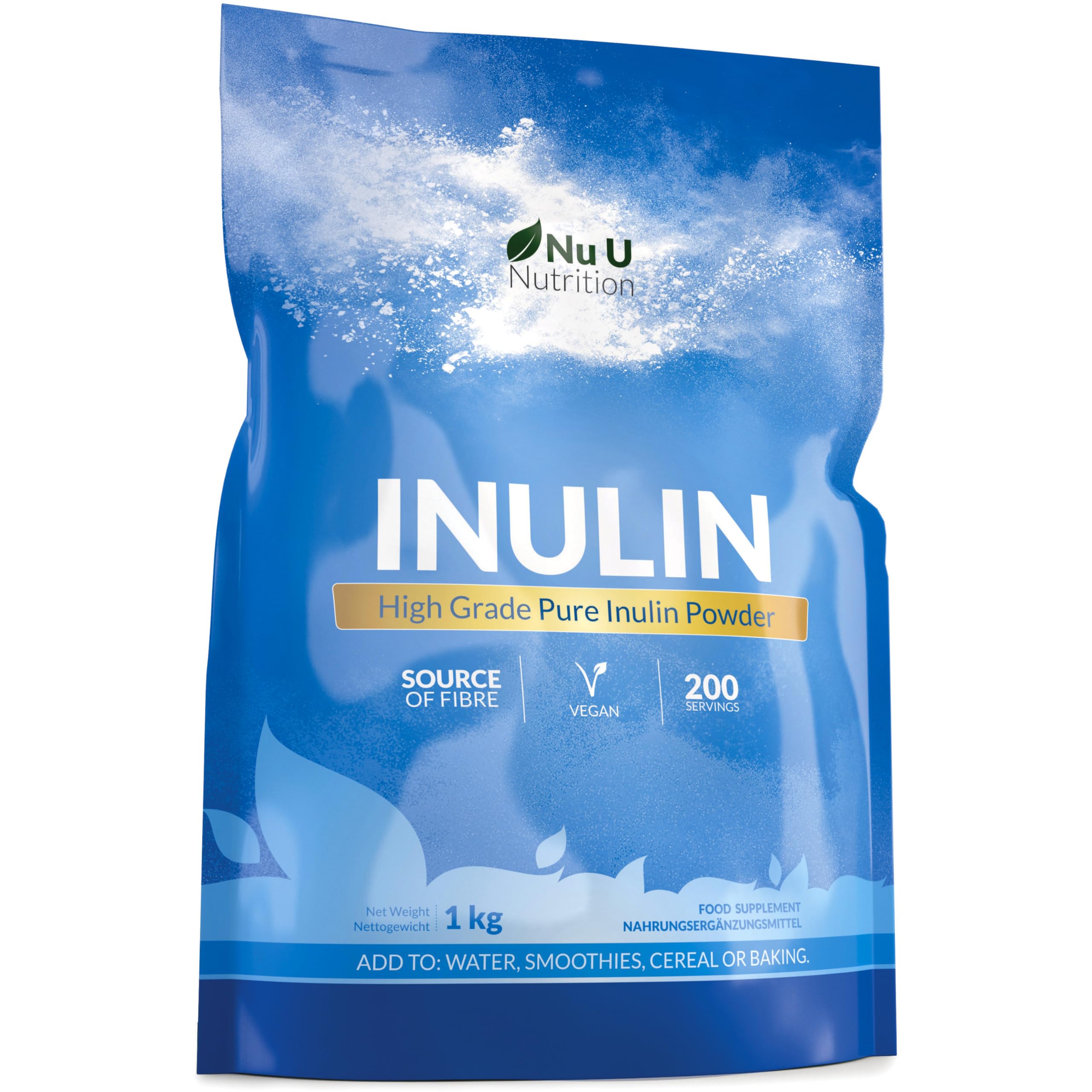 Inulin Prebiotic Powder FOS 1kg - 200 Servings of High Grade Soluble Fibre - Fructo-oligosaccharides from Natural Chicory Root - Vegan - Made in Europe - Nu U Nutrition