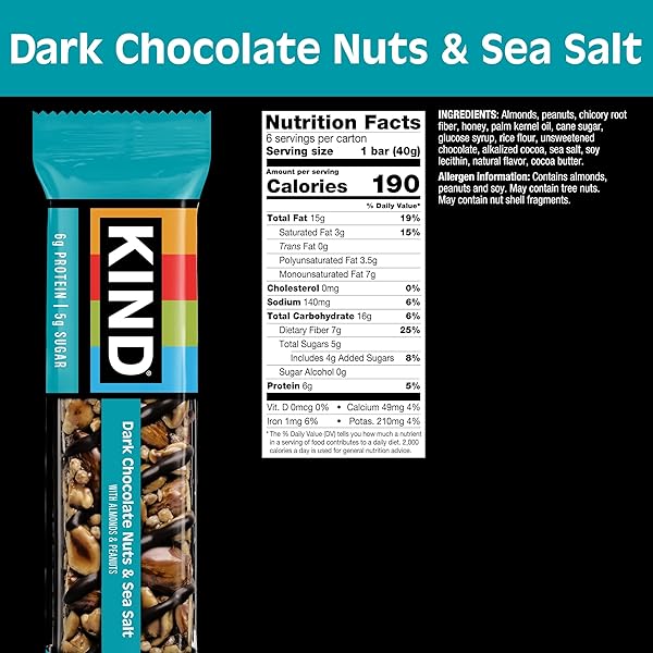 KIND NUT BARS, DARK CHOCOLATE NUTS AND SEA SALT, HEALTHY SNACKS, GLUTEN FREE, LOW SUGAR, 6G PROTEIN, 6 COUNT