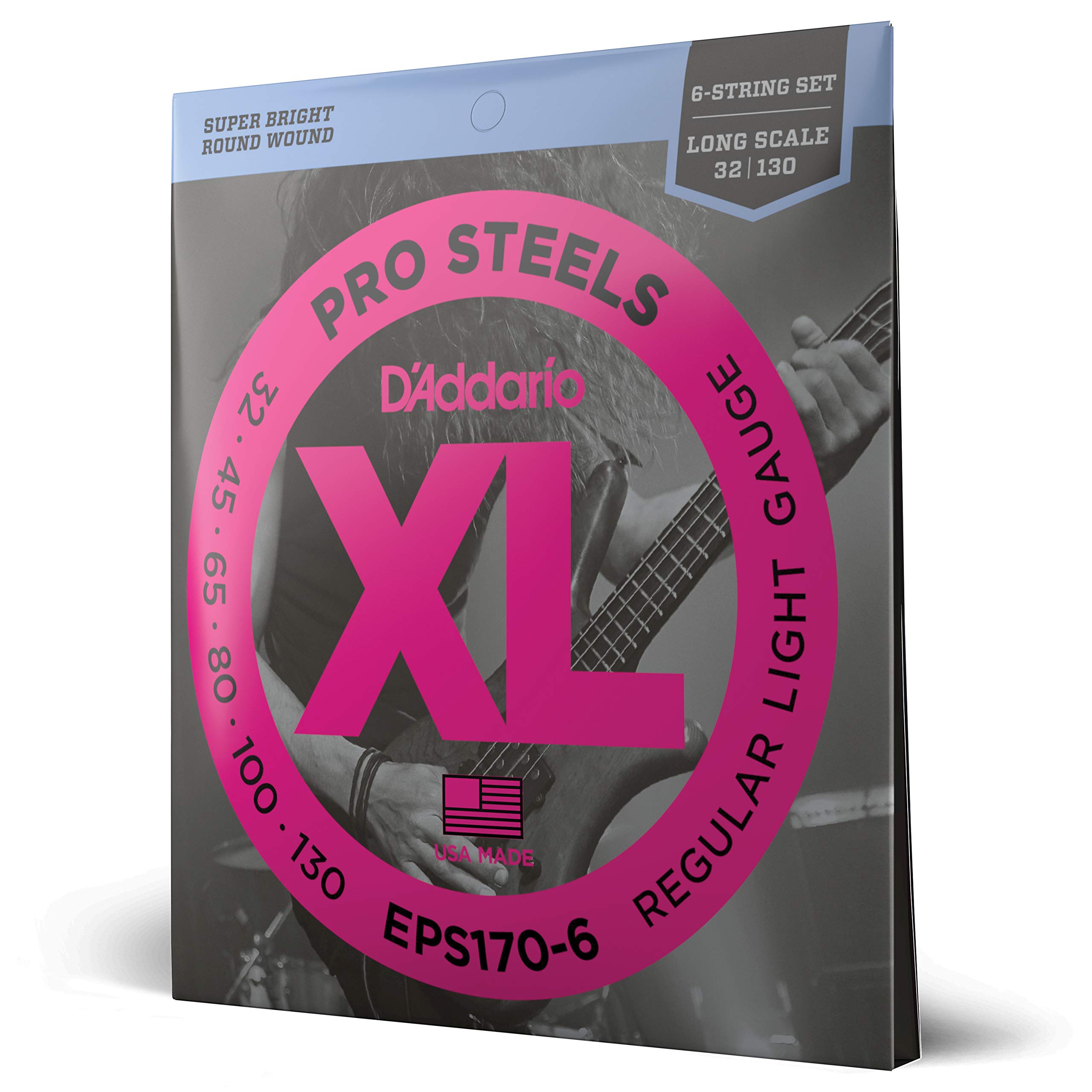 D'Addario XL ProSteels Bass Guitar Strings - EPS170-6 - 6 String - Long Scale - Regular Light, 32-130