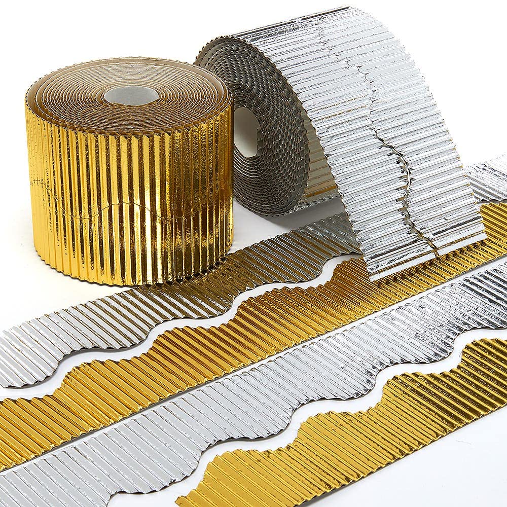 Baker Ross FX326 Gold and Silver Corrugated Borders - Pack of 2, Classroom Essentials for Teachers, Christmas and Festive Display, School Supplies