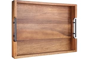 Joy&Grace Ottoman Tray for Living Room, Large Acacia Wooden Serving Tray with Handles for Coffee Table, Breakfast in Bed, Foo