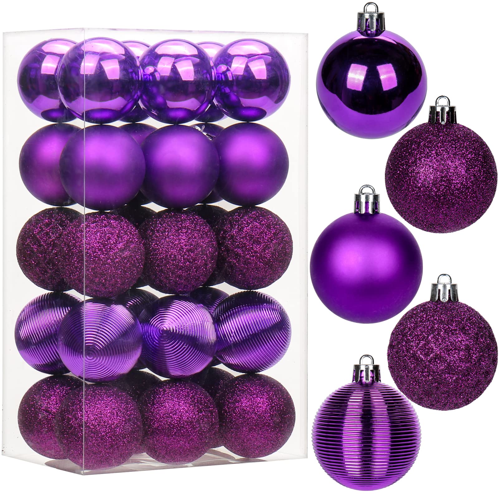 30 pcs Christmas Baubles Xmas Ball Ornaments with Strings, 50mm/2.0" Purple Shatterproof Plastic Hanging Decorations, Christmas Tree Pendants for Home Party Wedding Holiday