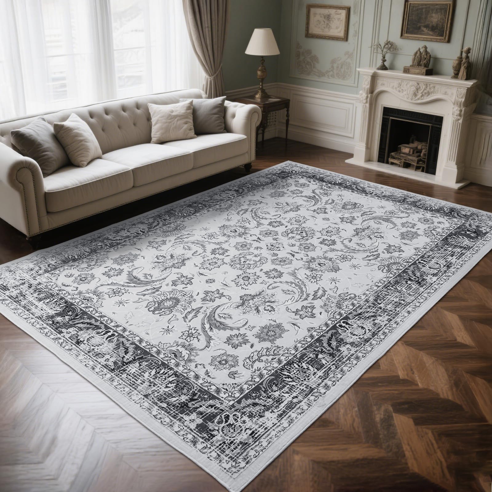 Photo 1 of Zentavio 8x10 Washable Area Rugs, Vintage Non-Slip Floral Living Room Rug, Indoor Foldable Floor Thin Low Pile Carpet for Farmhouse Bedroom Dining Room Grey