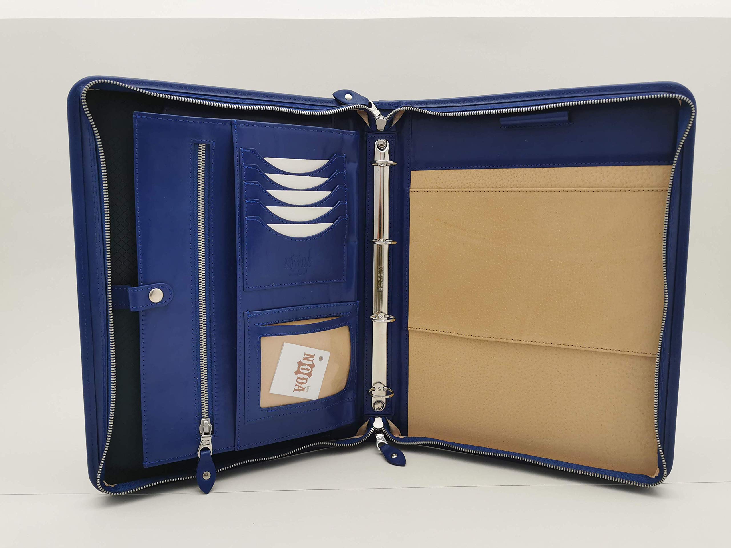 Italian Leather Portfolio, Zipped A4 Folder, Padfolio 4 Ring Binder, Leather Folio with Handle (Blue)
