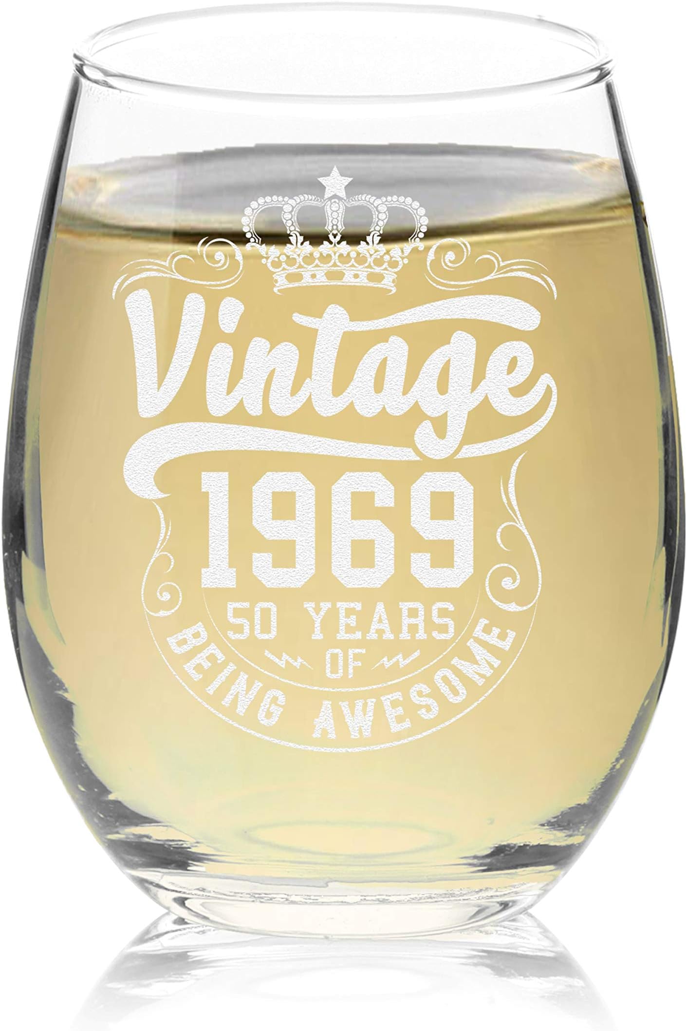Veracco Crown Vintage 1969 50 Years Of Being Awesome Stemless Wine Glass 50th Birthday Gift For Him Her Fifty and Fabulous (1969, Stemless Glass)