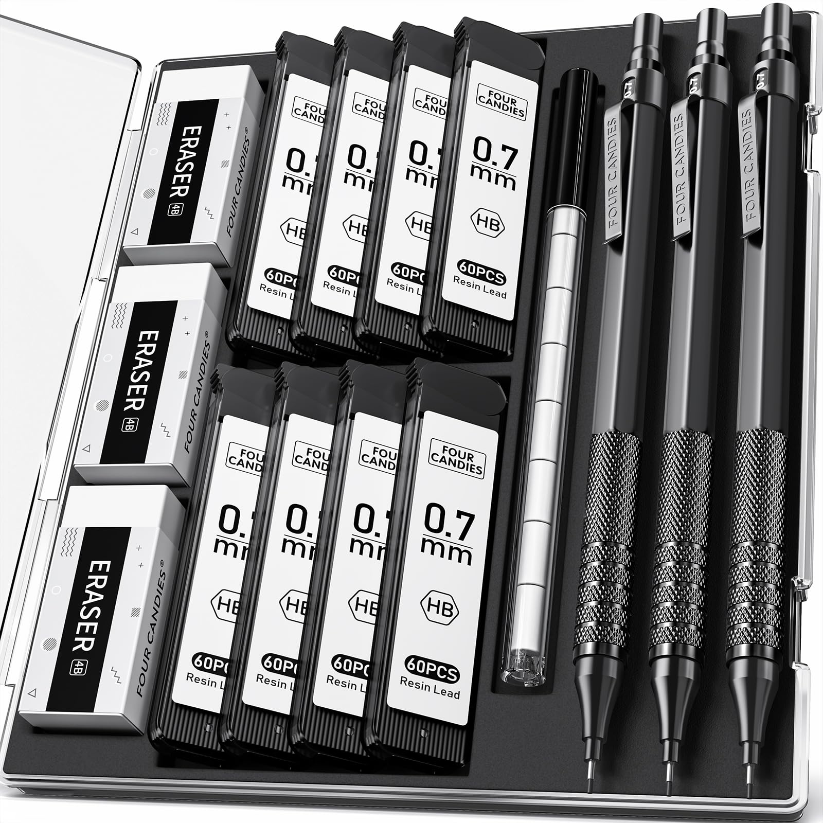 Four Candies 0.7mm Mechanical Pencil Set with Case, 3PCS Metal Artist Lead Pencil with 8 Tubes (480PCS) HB Lead Refills, 3 Erasers, 9 Eraser Refills For Engineer Art Writing Drawing Drafting, Black