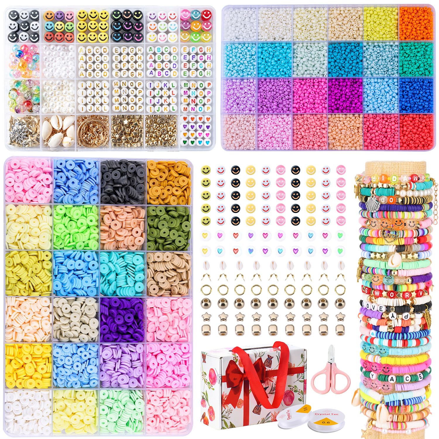 SJZWSD Friendship Bracelet Kit - 13000pcs Polymer Clay & Glass Seed Beads, 48 Colors, 6mm Heishi & 416 Letters Beads for Bracelet Making & Friendship Bead Creations