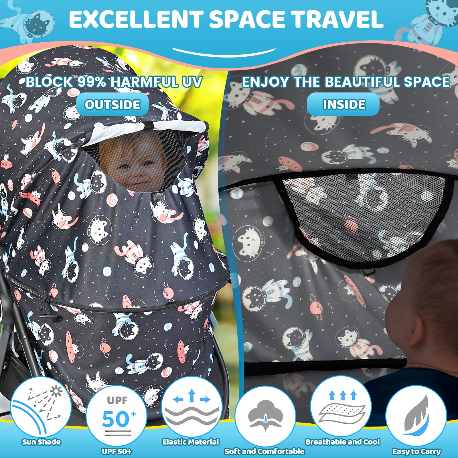 Orzbow Universal Sun Shade for Stroller, Detachable UPF 50+ Stroller Cover for Sun with See Through Mesh Window, Breathable Sunshade Cover - Stroller Canopy Extender, Baby UV Sun Protection, Cute Cat