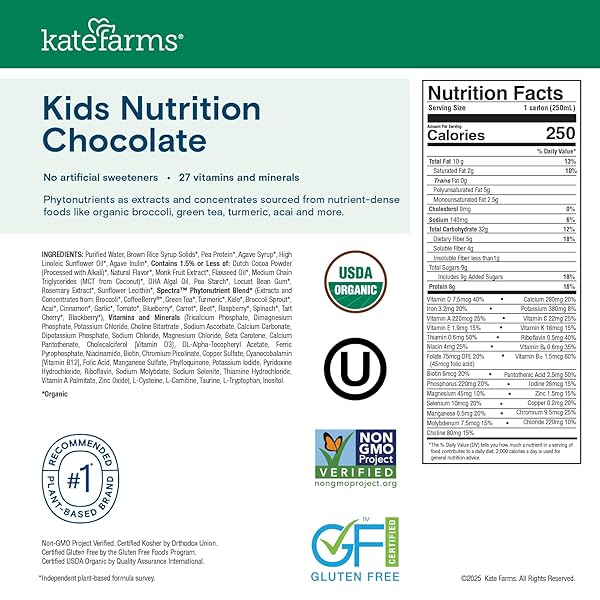 KATE FARMS ORGANIC KIDS NUTRITION CHOCOLATE SHAKE, 8G PROTEIN, 27 VITAMINS AND MINERALS, MEAL REPLACEMENT, GLUTEN FREE, NON-GMO, 8.45 OZ (6 PACK)