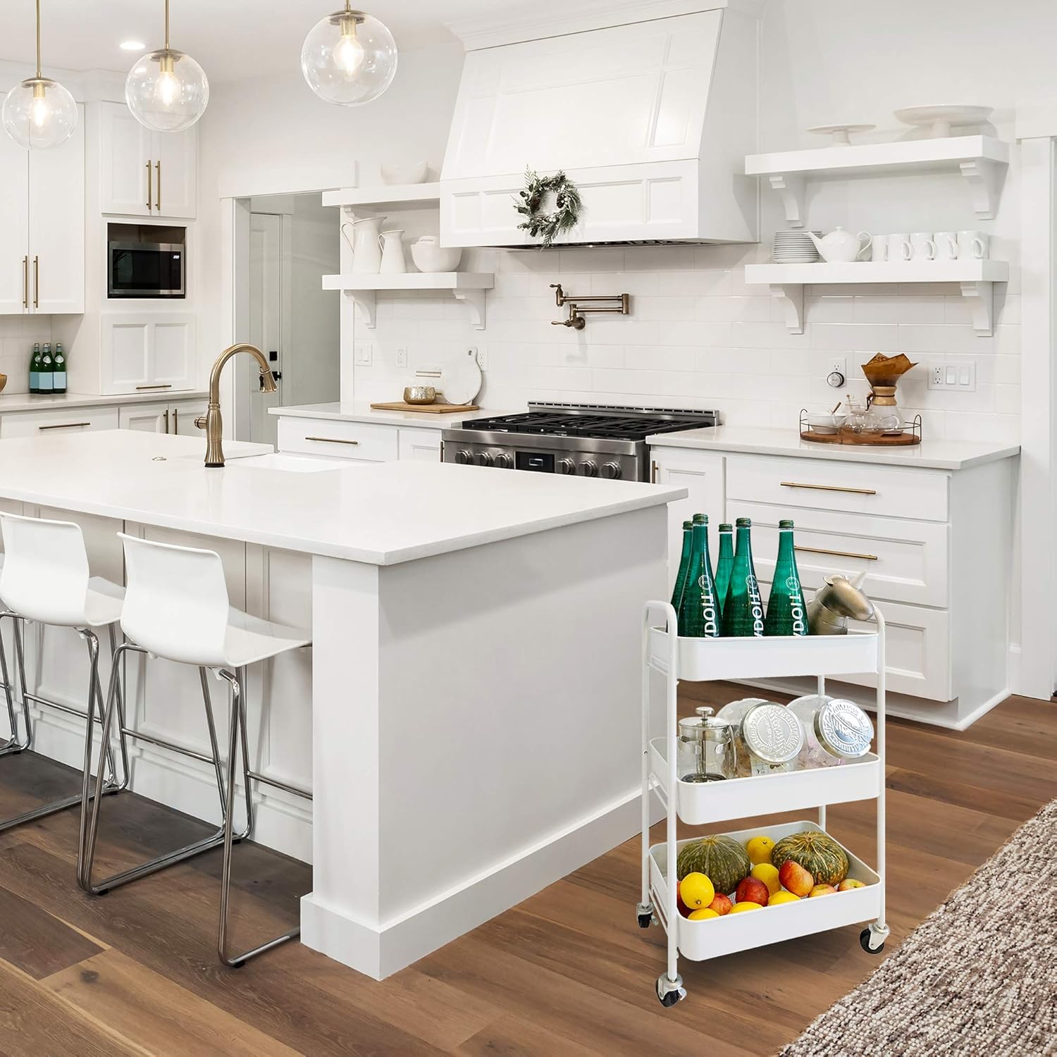 CAXXA 3-Tier Rolling Metal Storage Organizer - Mobile Utility Cart with Caster Wheels, White - Kitchen Islands & Carts