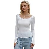 Homepeaz Long Sleeve Top for Women Bell Sleeve Backless Wide Boat Neck Cropped Tops Going Out Tops Y2K Micro Ribbed Lace Trim