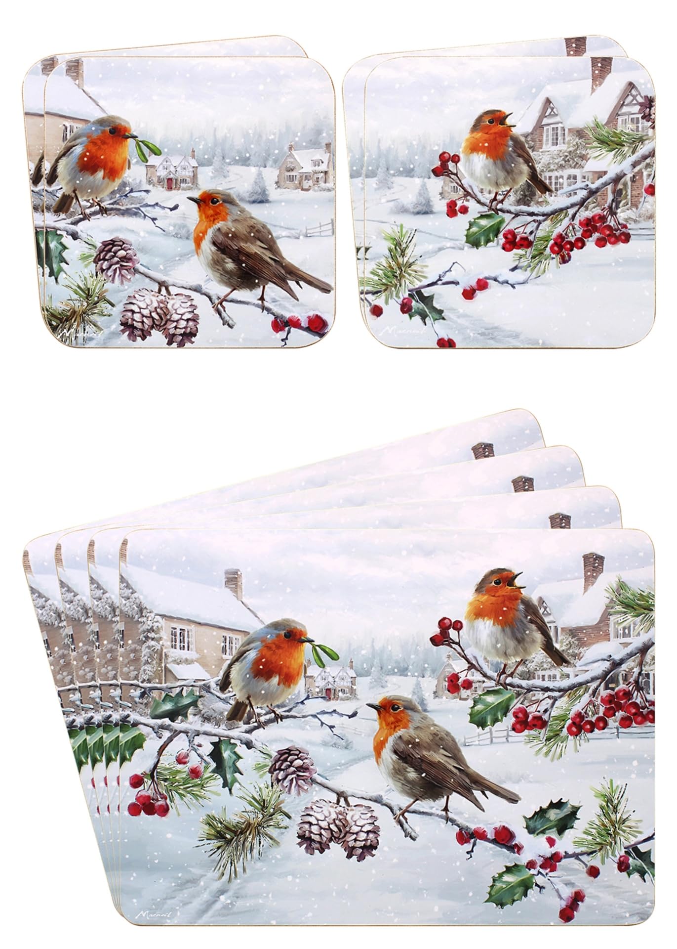 Sets of 4 Placemats with 4 Matching Coasters (Christmas Robin Placemats and Coasters)