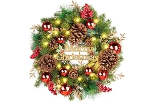 Quntis 16 Inch Merry Christmas Wreath with 40 Lights - Christmas Front Door Wreaths with Timer 8 Mode, Artificial PineCones Red Berries Ornaments Holiday Decoration for Indoor Outdoor Window Fireplace