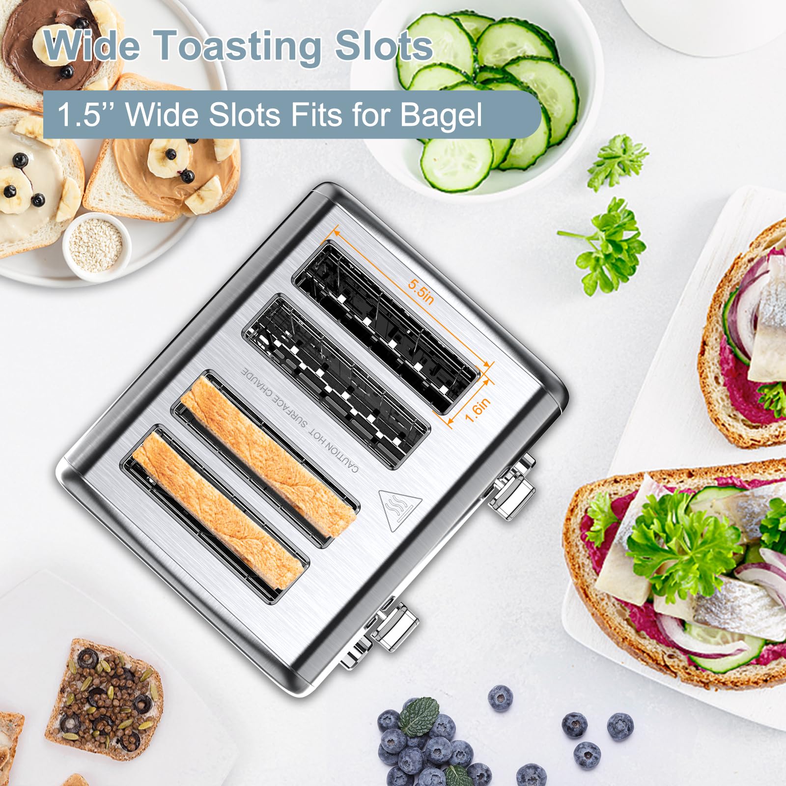 Tostadora de 4 rebanadas, tostadora de acero inoxidable KitchMix Bagel con temporizador LCD, ranuras extra anchas, pantalla doble, bandeja para migas extraíble (acero inoxidable)