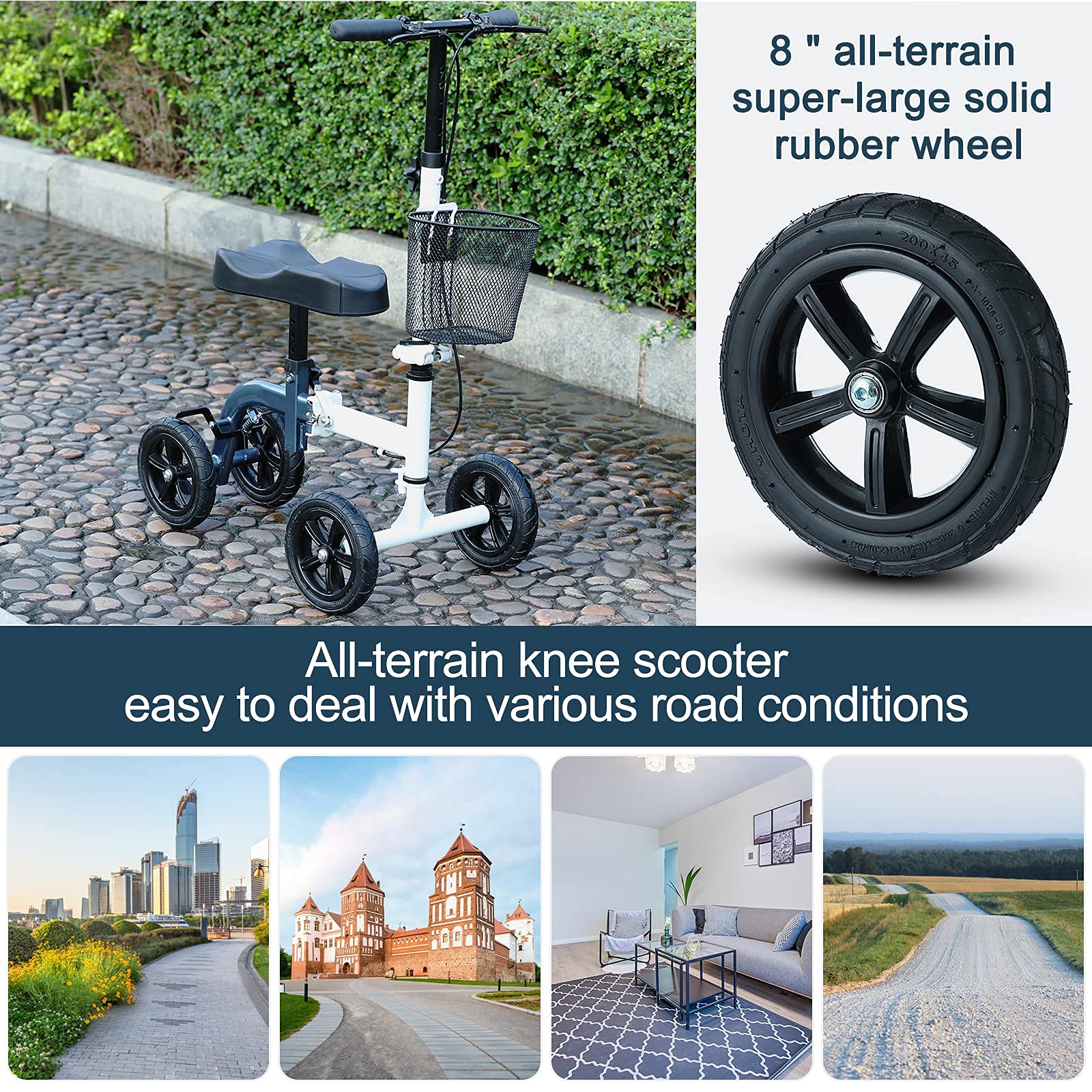 RINKMO Knee Scooter,All-Terrain Foldable KneeWalker Economical Leg Scooters for Foot Injuries Best Crutches Alternative (White+Blue)