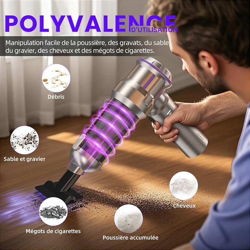 Aspirateur à Main, 25000Pa Aspirateur Voiture Puissant avec Vidage Automatique 1 Touche, 4-en-1 Aspirateur sans Fil avec Moteur sans Balai, 3 Niveaux, Idéal pour les Poils D'animaux, Voiture, Maison — photo 6 sur 7