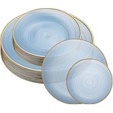 PLASTICPRO 32 Pieces Crystal Design Plastic Plates Combo Pack 7 inch and 10 inch Gold Rim Elegant Disposable Plates, Transparent Blue