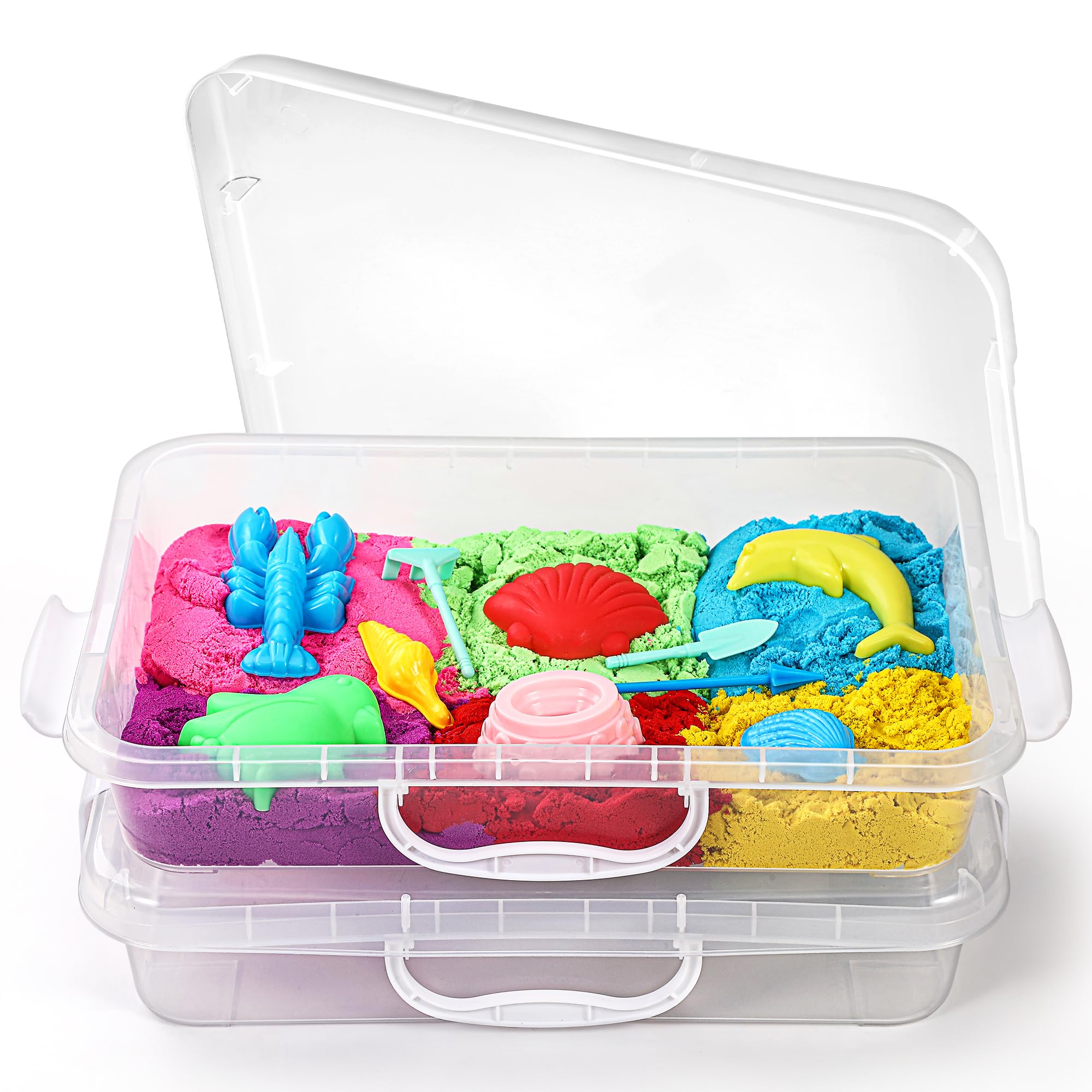 sikmcle Pack of 2 Sand Tray Sensory Bin with Lid and Handle, Portable Sensory Sandbox Container for Children, Plastic Activity Tray for Toddlers, Transparent