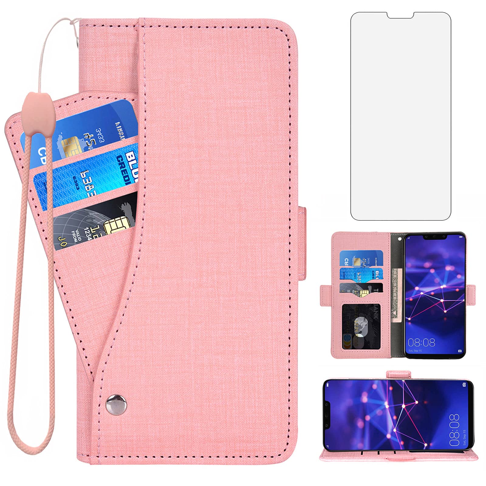 Asuwish Compatible with Huawei Mate 20 Lite Wallet Case and Tempered Glass Screen Protector Flip Cover Card Holder Cell Accessories Phone Cases for Hawaii Mate20Lite Mate20 20Lite SNE-LX3 Women Pink