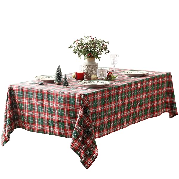HOME BARGAINS PLUS RUDOLPH PLAID FABRIC TABLECLOTH, 60 X 120 INCH RECTANGLE, TRADITIONAL RED AND GREEN CHECK PATTERN, COTTON BLEND HOLIDAY TABLE COVER FOR CHRISTMAS DINING AND WINTER DECOR