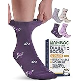 Pembrook Ankle Diabetic Socks for Women & Men - 4 Pairs Flowers (Dark Purple, Yellow, Pink, Gray), Moisture-Wicking, Wide Top, Quarter Non Binding Socks