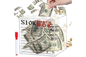 XIHEER 10k Smash Box for Money, Unbreakable Piggy Bank for Adults Save $10,000 Money Saving Challenge Box, Clear Acrylic Saver Box for Cash Must Break to Open (4.72 Inch)