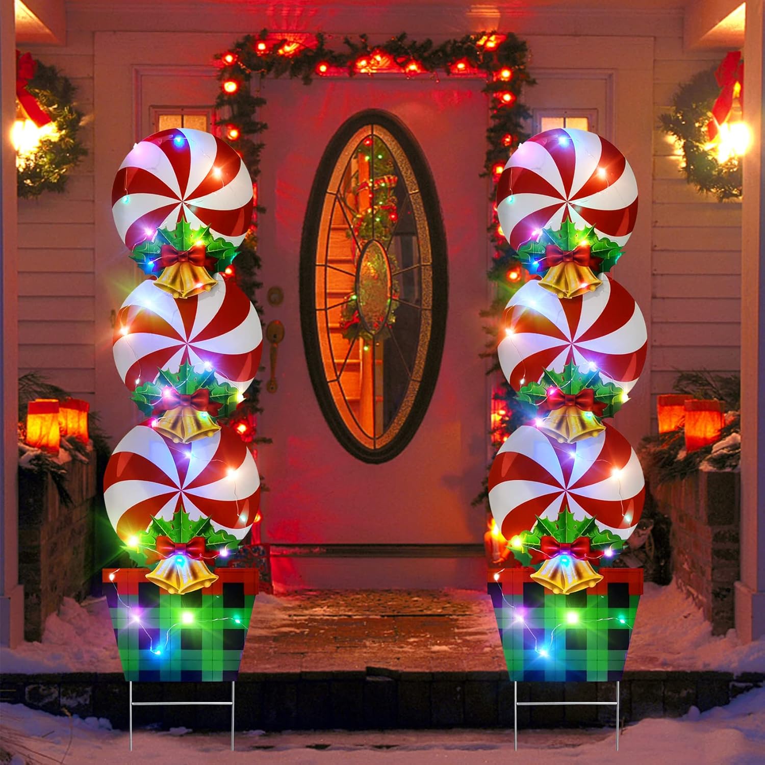 Yard Signs - 2 Set Christmas Candy Yard Stakes Decorations with Lights, Merry Xmas Large Yard Signs with Candyland Peppermint Bells Red Green Plaid for Outdoor Lawn Pathway Garden Home House Decor