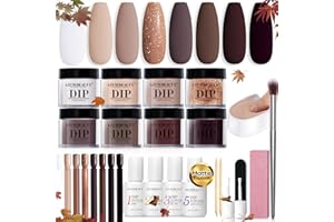 AZUREBEAUTY 30Pcs Dip Powder Nail Kit Starter, 8 Colors Fall Nude Brown Glitter Purple Nude with Nail Sticks, Nail Art Liquid Set with Matte/Base/Top Coat Activator for French Manicure Salon