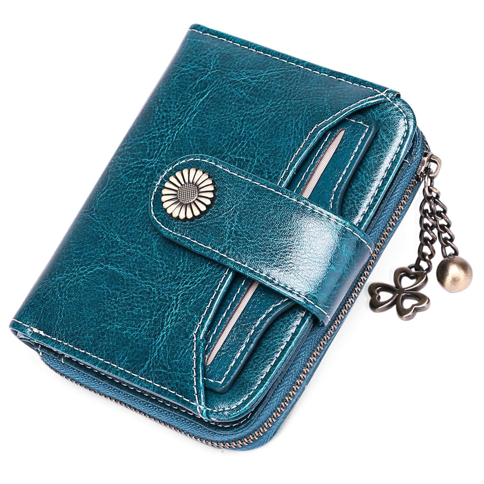 SENDEFN Purses for Women Genuine Leather Small Bifold Compact Womens Wallet with RFID Protection Peacock Blue