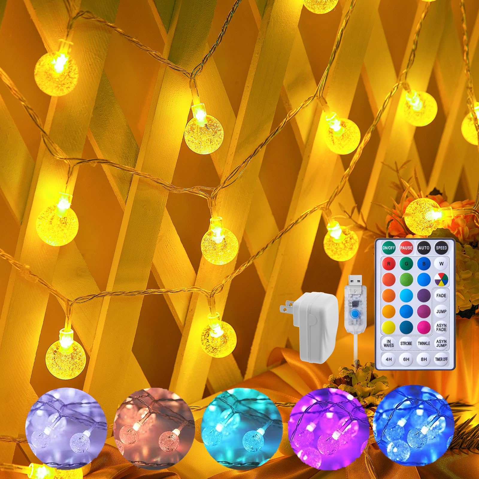 Photo 1 of Minetom Crystal Globe String Lights - 33 ft 100 LED USB Color Changing Globe Ball Fairy Lights with Remote and Timer, Waterproof for Bedroom Tent Loft Bed Window Party, 16 Colors and Multicolor, RGB