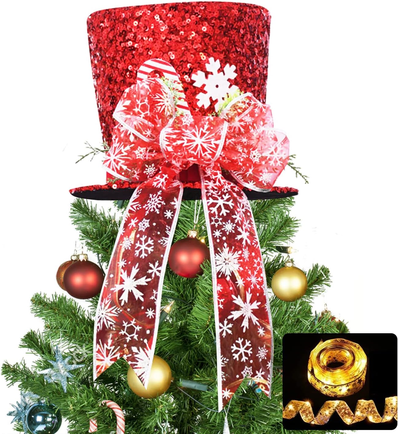 Tree Toppers - Christmas Tree Topper Hat, 2022 Red Candy Cane Bow Christmas Tree Top Toppers with 6.5ft Ribbon Light, Shiny Xmas Santa Tree Toppers Christmas Decorations for Holiday Decor