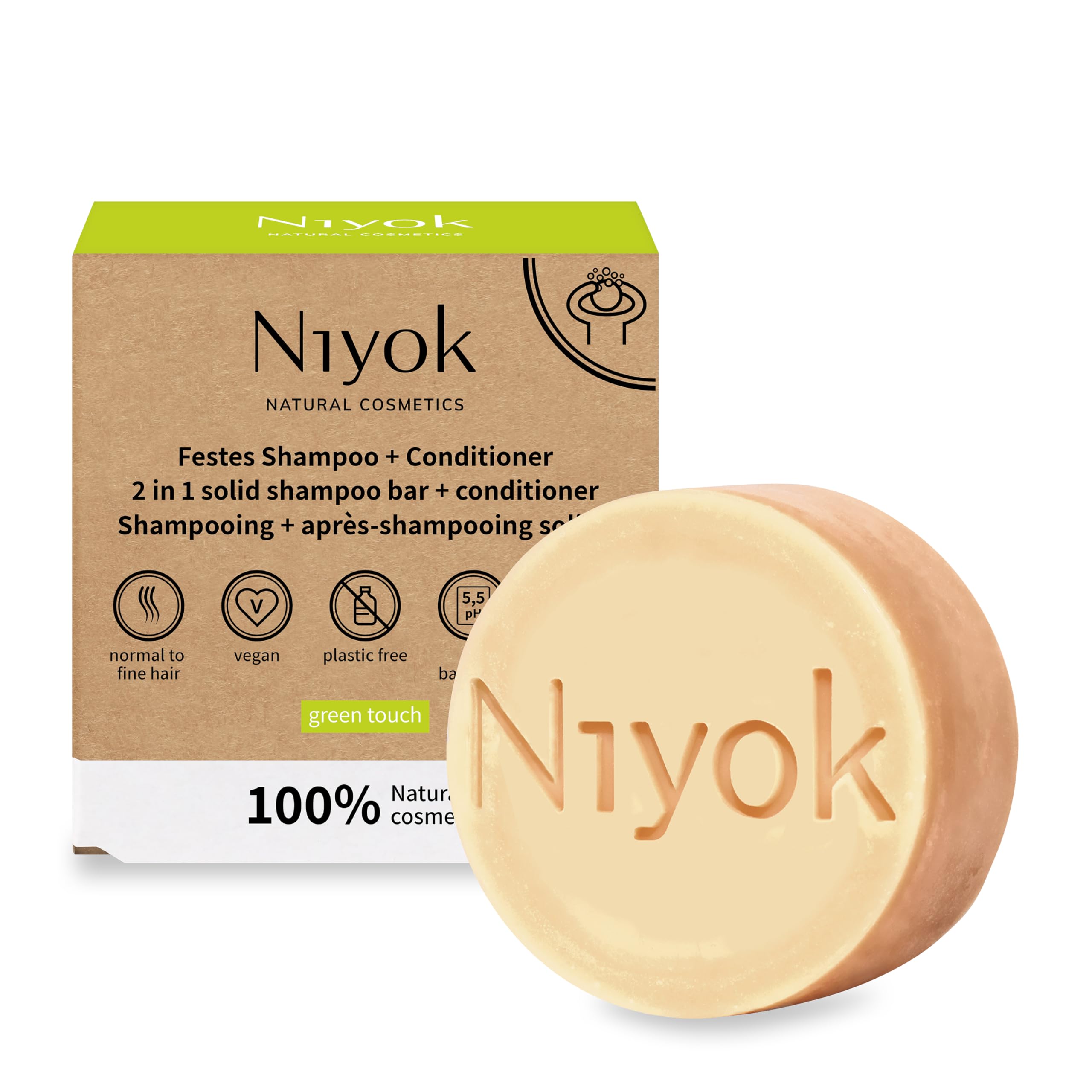Niyok® 2 in 1 Firm Shampoo and Conditioner Skin Neutral Vegan Plastic-Free Normal to Fine Hair Better Combing - Green Touch - 80g